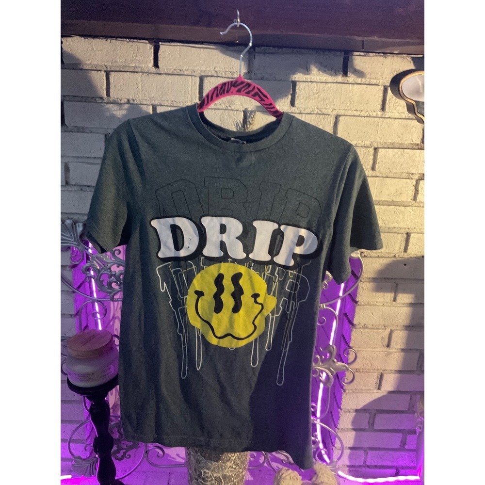 Delta Apparel Drip Melting Smiley Face Graphic T-Shirt Gray Mens Small